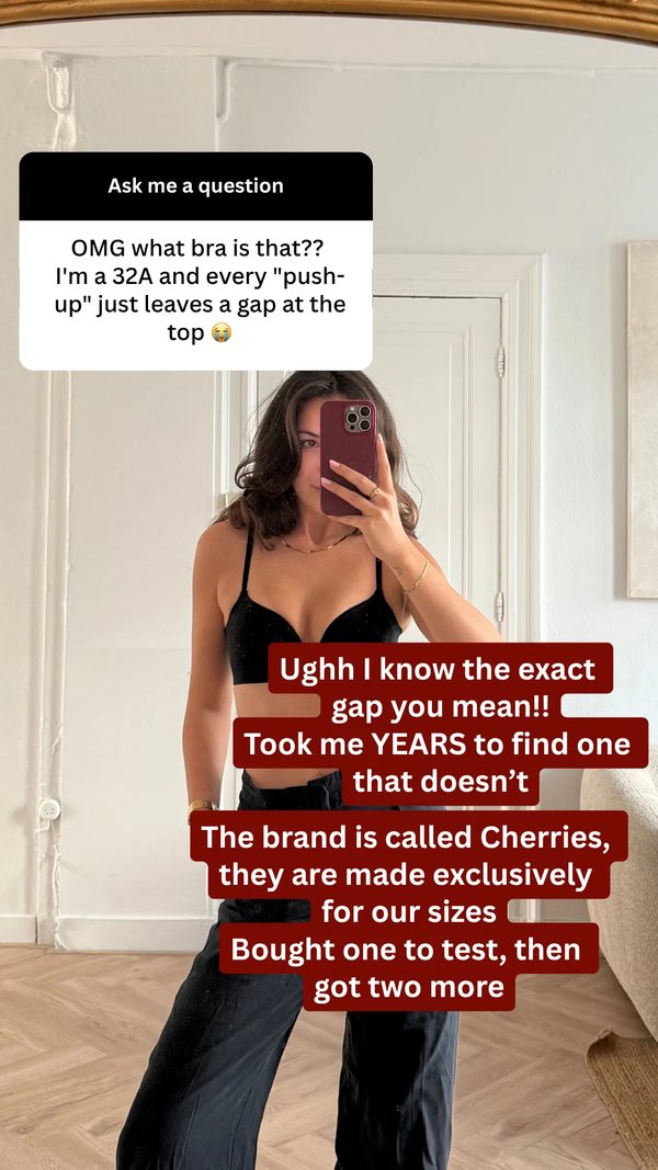 Cherries ad styled as an Instagram story reply about bra fit