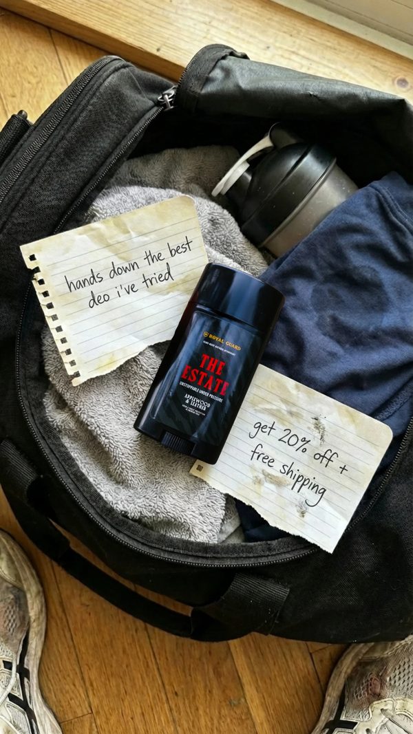 Royal Guard deodorant photographed in a gym bag with handwritten notes