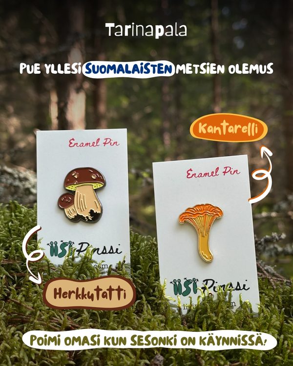Tarinapala ad for Finnish forest enamel pins